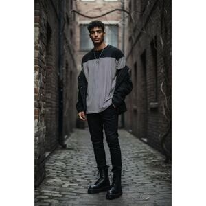 Men's Black White Striped Shirt Goth Size Large Casual Soft Cotton Top Grunge